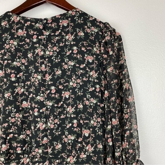 Lulu's Estella Chiffon Black Floral Print Ruched Ruffled Hem Mini Dress Size S - Picture 7 of 10